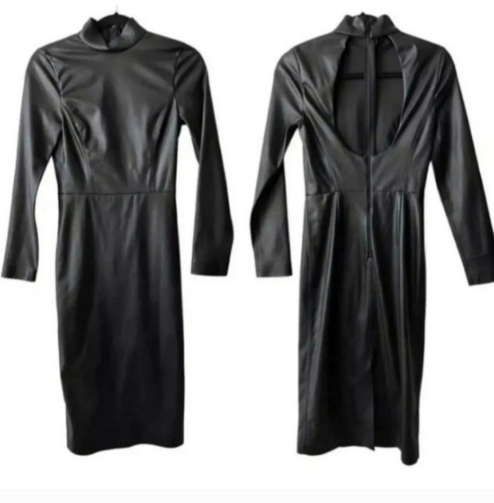 ALICE + OLIVIA DELORA VEGAN LEATHER MOCKNECK MIDI DRESS SIZE 4 - Picture 14 of 15